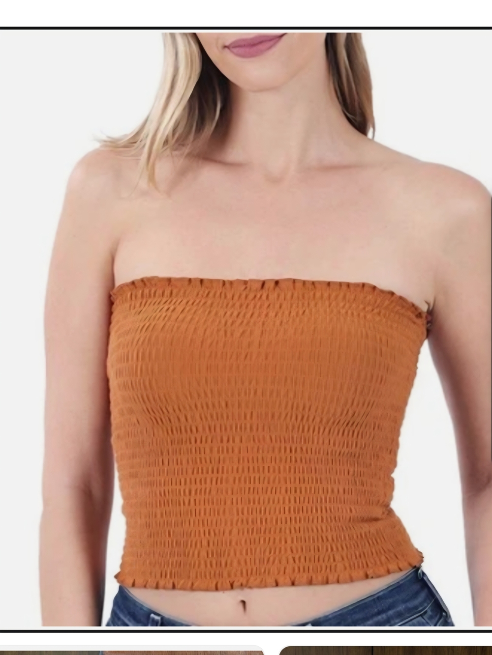 Zenana Women's Pleated Stapless Smocked Tube Crop Top Almond-New S,M,L